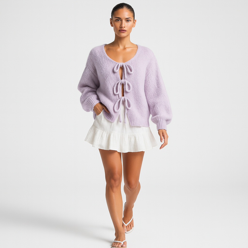 Dame Cardigan med Sløjfedetaljer | Blødt Strik | Åben Front & Lange Ærmer