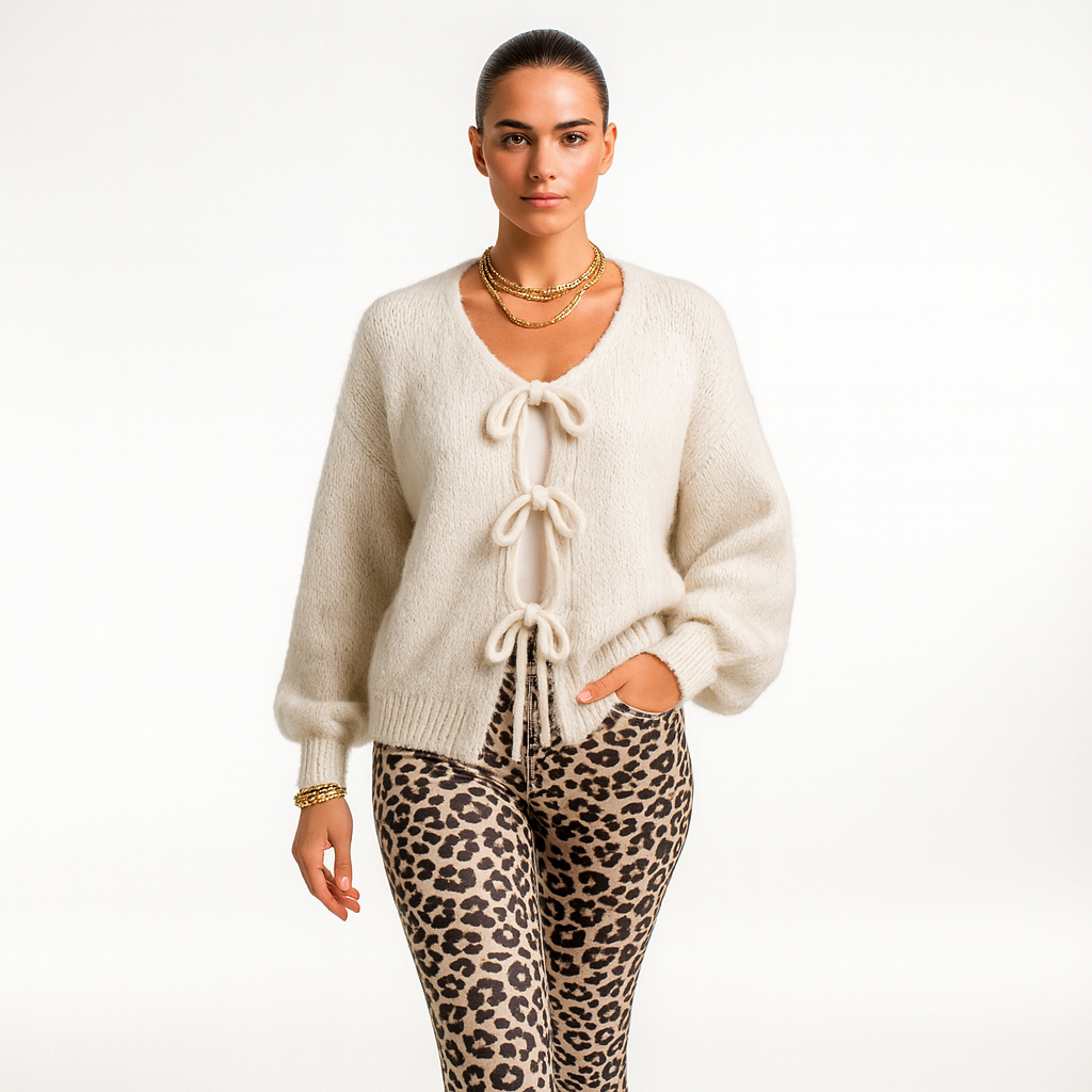 Dame Cardigan med Sløjfedetaljer | Blødt Strik | Åben Front & Lange Ærmer