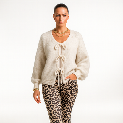 Dame Cardigan med Sløjfedetaljer | Blødt Strik | Åben Front & Lange Ærmer