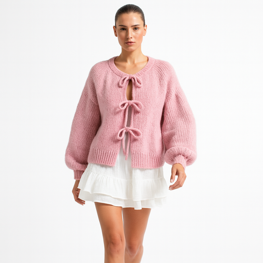 Dame Cardigan med Sløjfedetaljer | Blødt Strik | Åben Front & Lange Ærmer
