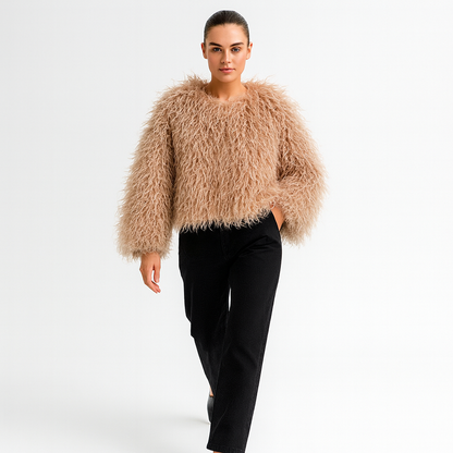 Kvinders kort faux fur jakke | Fluffy vinterfrakke | Løs pasform og luksuriøst look