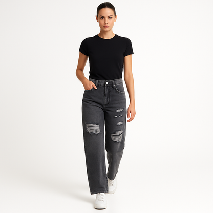 Kvinders højtaljede jeans | Patchwork denim med slidte detaljer | Lige ben