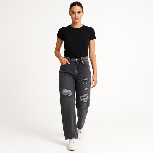 Kvinders højtaljede jeans | Patchwork denim med slidte detaljer | Lige ben