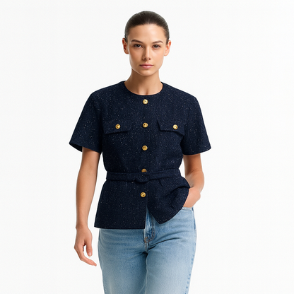 Kort jakke til kvinder | Med bælte og guldknapper | Elegant design med korte ærmer
