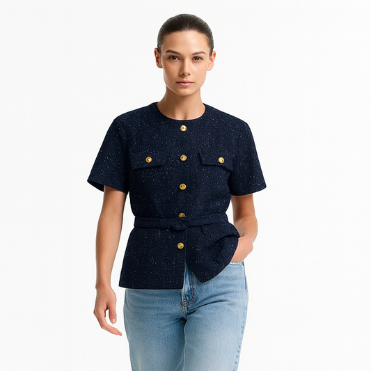 Kort jakke til kvinder | Med bælte og guldknapper | Elegant design med korte ærmer