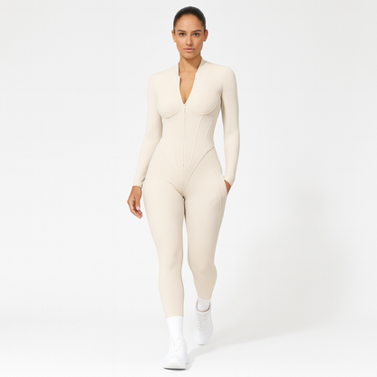 Kvinders sports jumpsuit | Langærmet yogadragt | Figursyet og åndbar pasform