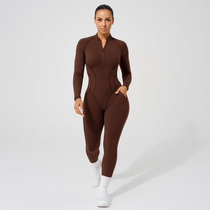 Kvinders sports jumpsuit | Langærmet yogadragt | Figursyet og åndbar pasform