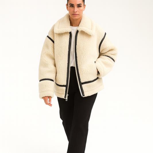 Beige fleecejakke til kvinder | Blød og varm med teddyfor | Oversized pasform