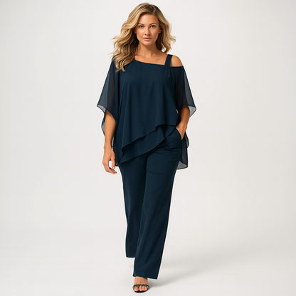 Kvinders Off-Shoulder Buksedragt i Let Lag-Poncho Stil | Elegant To-delt Sæt til Fest og Hverdag