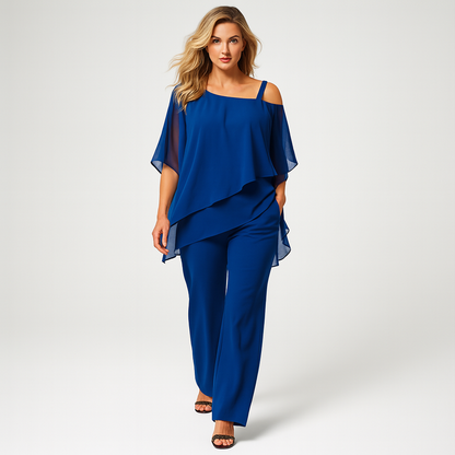 Kvinders Off-Shoulder Buksedragt i Let Lag-Poncho Stil | Elegant To-delt Sæt til Fest og Hverdag