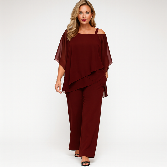 Kvinders Off-Shoulder Buksedragt i Let Lag-Poncho Stil | Elegant To-delt Sæt til Fest og Hverdag