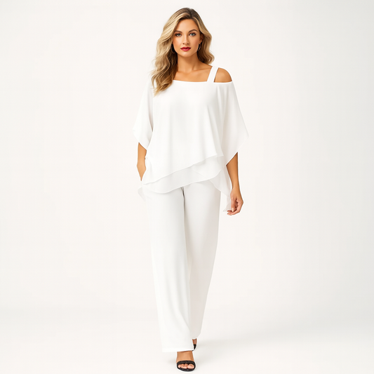 Kvinders Off-Shoulder Buksedragt i Let Lag-Poncho Stil | Elegant To-delt Sæt til Fest og Hverdag