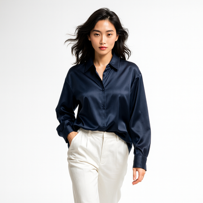 Kvinders Satin Skjorte med Knaplukning | Løs Pasform | Elegant Bluse til Forår og Efterår
