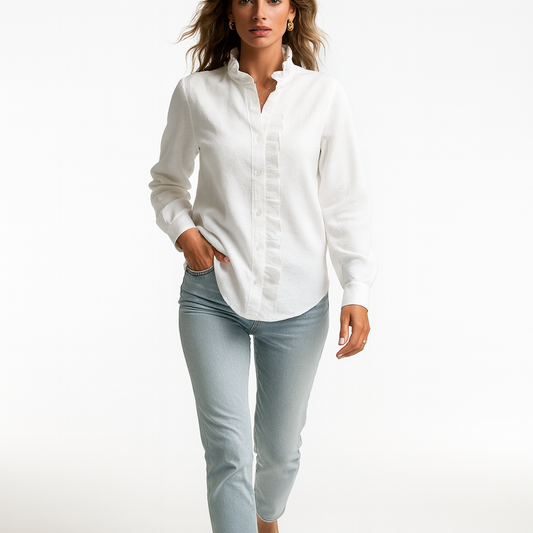 Kvinders Bluse med Flæsedetaljer | Klassisk Snit | Elegant og Let til Forår og Efterår