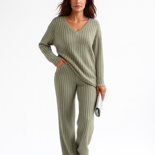 Kvinders Lounge Sæt i Ribstrik | V-Hals og Lange Ærmer | Blødt og Komfortabelt Hjemmetøj