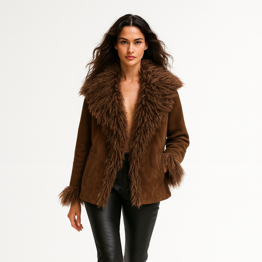 Kvinders Jakke med Imiteret Pelskrave | Brun Ruskind-Look | Varm og Eksklusiv til Efterår og Vinter