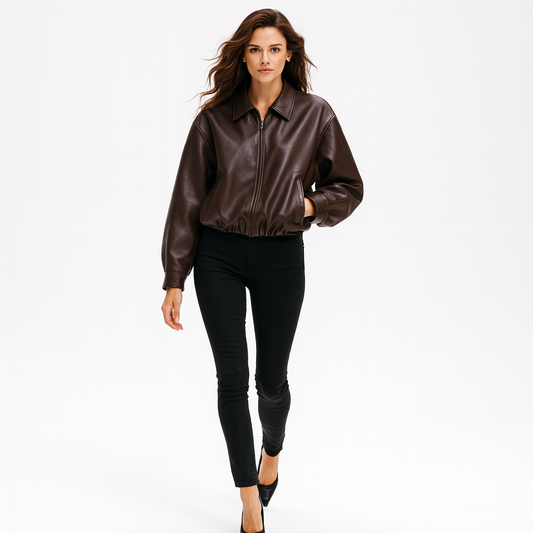 Kort Jakke til Kvinder | Med Lynlås og Krave | Moderne Imitationslæder til Efterår og Forår