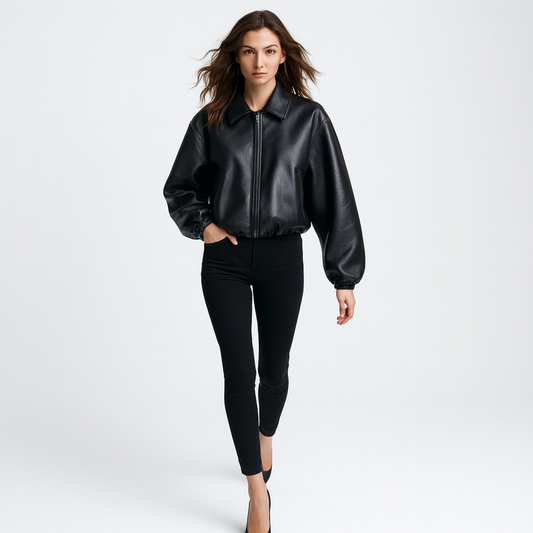 Kort Jakke til Kvinder | Med Lynlås og Krave | Moderne Imitationslæder til Efterår og Forår