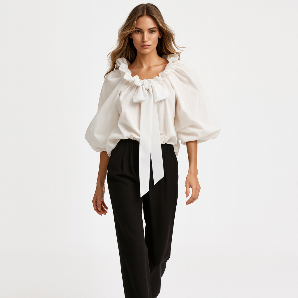 Elegant bluse til kvinder | Flæsekrave med sløjfe | Løs pasform