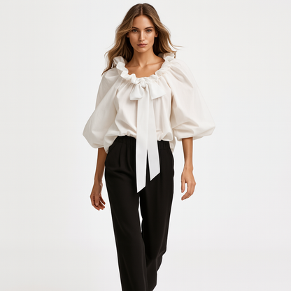 Elegant bluse til kvinder | Flæsekrave med sløjfe | Løs pasform