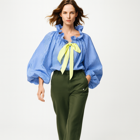 Elegant bluse til kvinder | Flæsekrave med sløjfe | Løs pasform