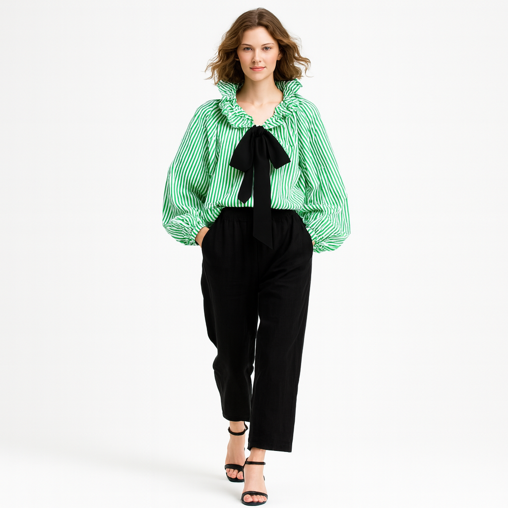 Elegant bluse til kvinder | Flæsekrave med sløjfe | Løs pasform