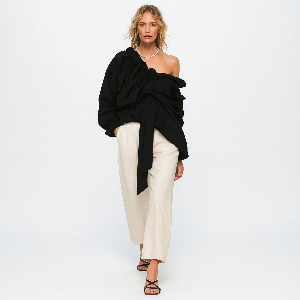 Elegant bluse til kvinder | Flæsekrave med sløjfe | Løs pasform