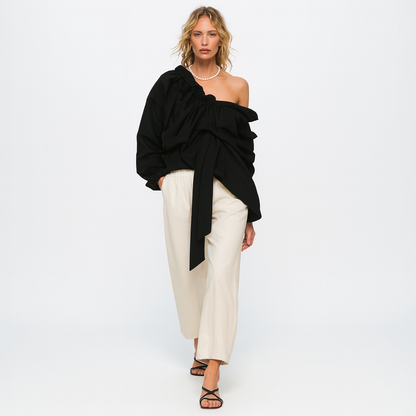 Elegant bluse til kvinder | Flæsekrave med sløjfe | Løs pasform