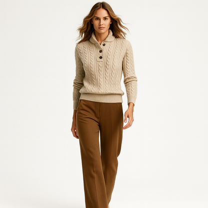 Dame sweater| Knaplukning | Klassisk kabelstrik