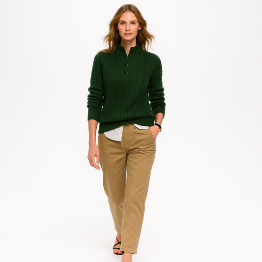 Dame sweater| Knaplukning | Klassisk kabelstrik