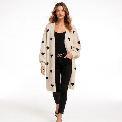 Dame cardigan med hjerteprint | Åben strik | Lang og afslappet pasform
