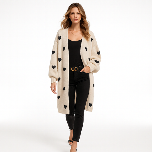 Dame cardigan med hjerteprint | Åben strik | Lang og afslappet pasform