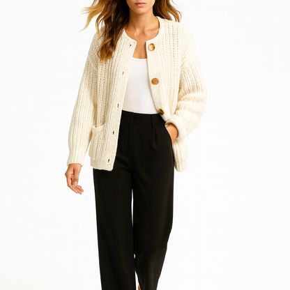 Dame cardigan i strik | Rund hals | Enkel knaplukning og løs pasform