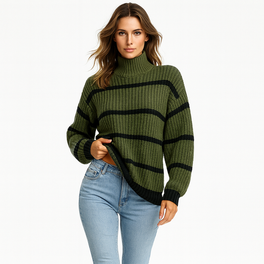 Dame striktrøje med høj hals | Løs pasform | Afslappet stribet design