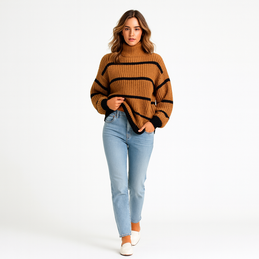 Dame striktrøje med høj hals | Løs pasform | Afslappet stribet design