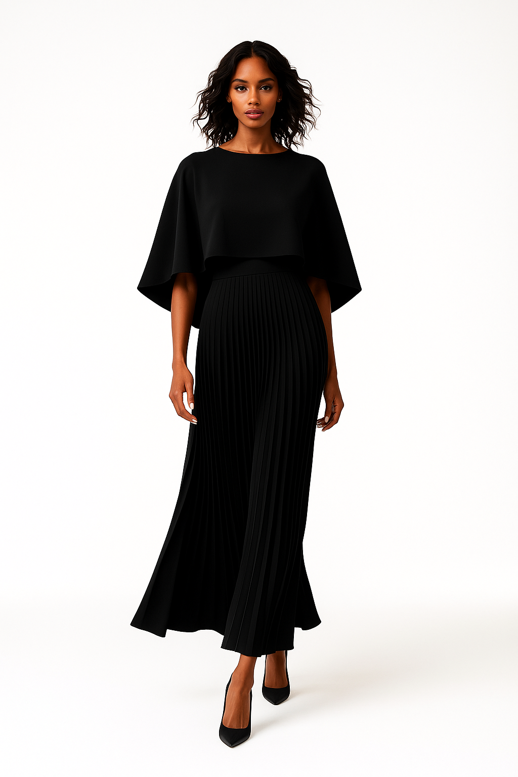 Elegant Lang Kjole til Kvinder | Plisseret Design med Kappe-ærmer | Perfekt til Fest og Aftenbrug