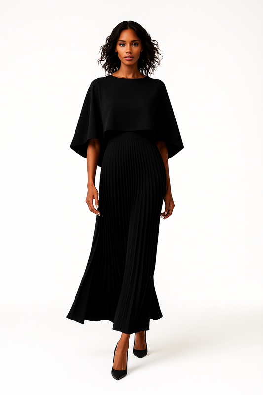 Elegant Lang Kjole til Kvinder | Plisseret Design med Kappe-ærmer | Perfekt til Fest og Aftenbrug