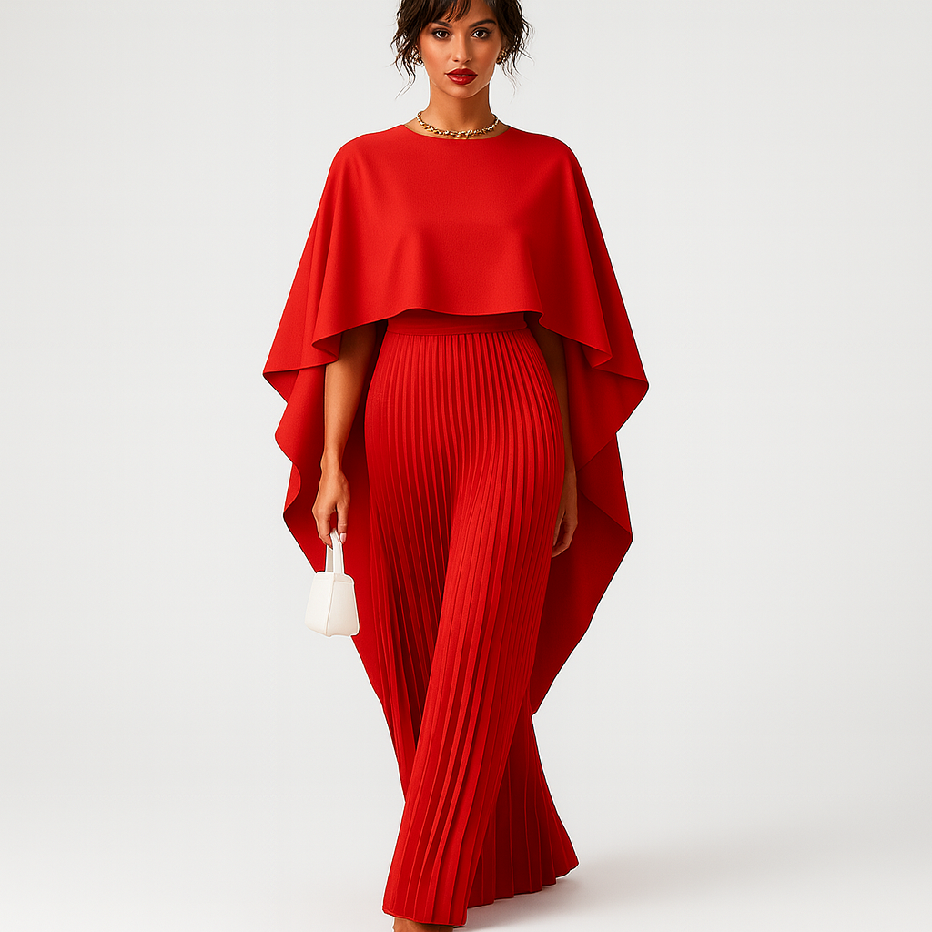 Elegant Lang Kjole til Kvinder | Plisseret Design med Kappe-ærmer | Perfekt til Fest og Aftenbrug
