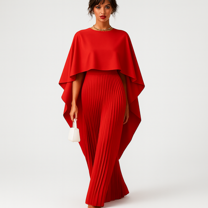 Elegant Lang Kjole til Kvinder | Plisseret Design med Kappe-ærmer | Perfekt til Fest og Aftenbrug