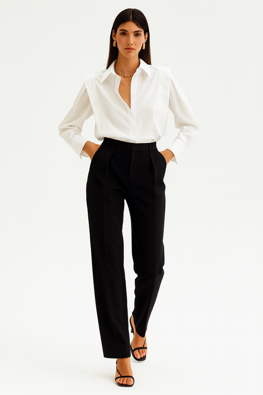 Elegant Skjorte til Kvinder | Strukturdesign med Skulderdetaljer | Klassisk Knaplukning