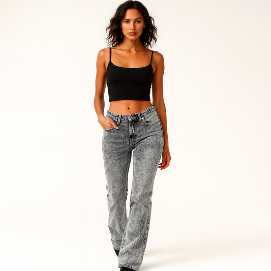 Dame jeans i grå denim | Lav talje | Slim fit bootcut i Y2K-stil