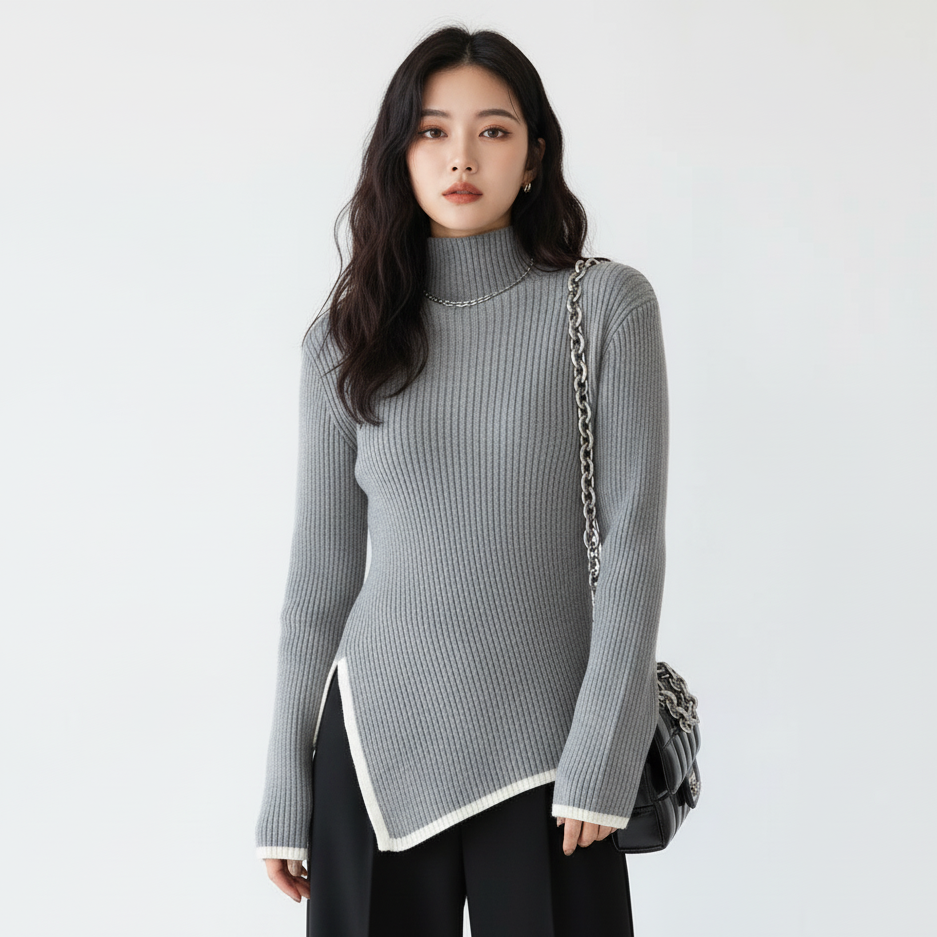 Ribstrikket Rullekravebluse til Kvinder | Blød og Behagelig Strik | Elegant Pasform til Efterår og Vinter