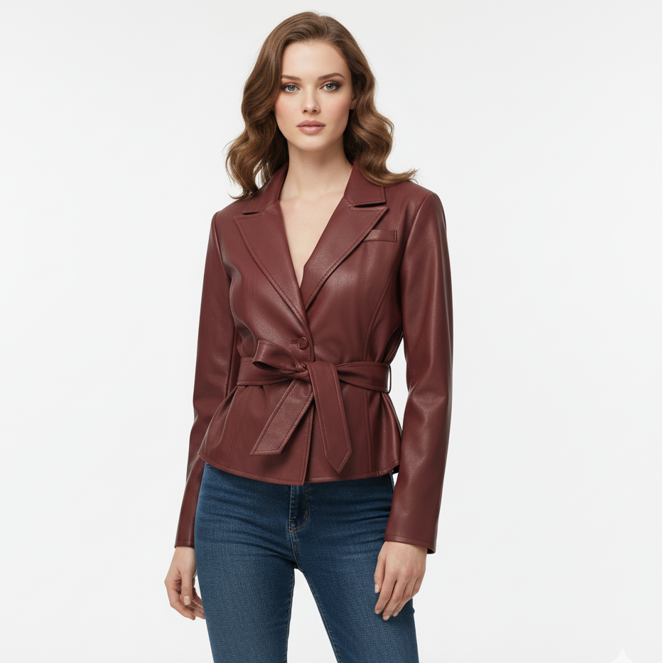 Kort Jakke til Kvinder | Med Bindebælte og Reverskrave | Elegant Imitationslæder til Efterår og Forår