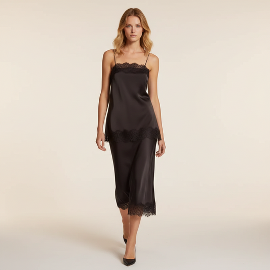 Todelt satinsæt til kvinder | Off-Shoulder cami-top og midi-nederdel med blonde