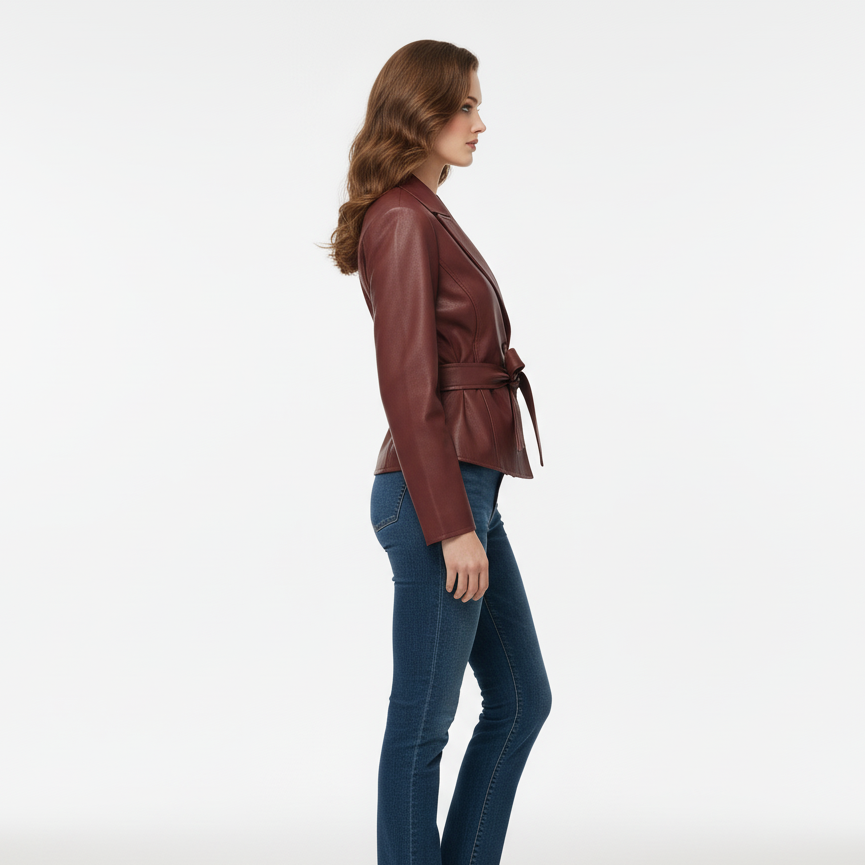 Kort Jakke til Kvinder | Med Bindebælte og Reverskrave | Elegant Imitationslæder til Efterår og Forår