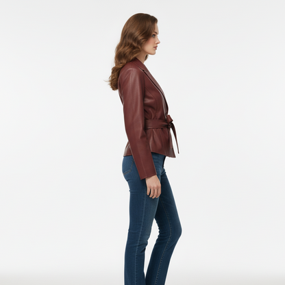 Kort Jakke til Kvinder | Med Bindebælte og Reverskrave | Elegant Imitationslæder til Efterår og Forår