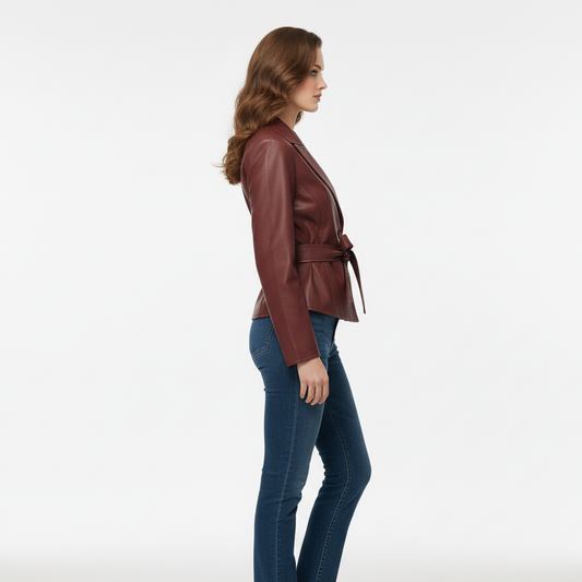 Kort Jakke til Kvinder | Med Bindebælte og Reverskrave | Elegant Imitationslæder til Efterår og Forår