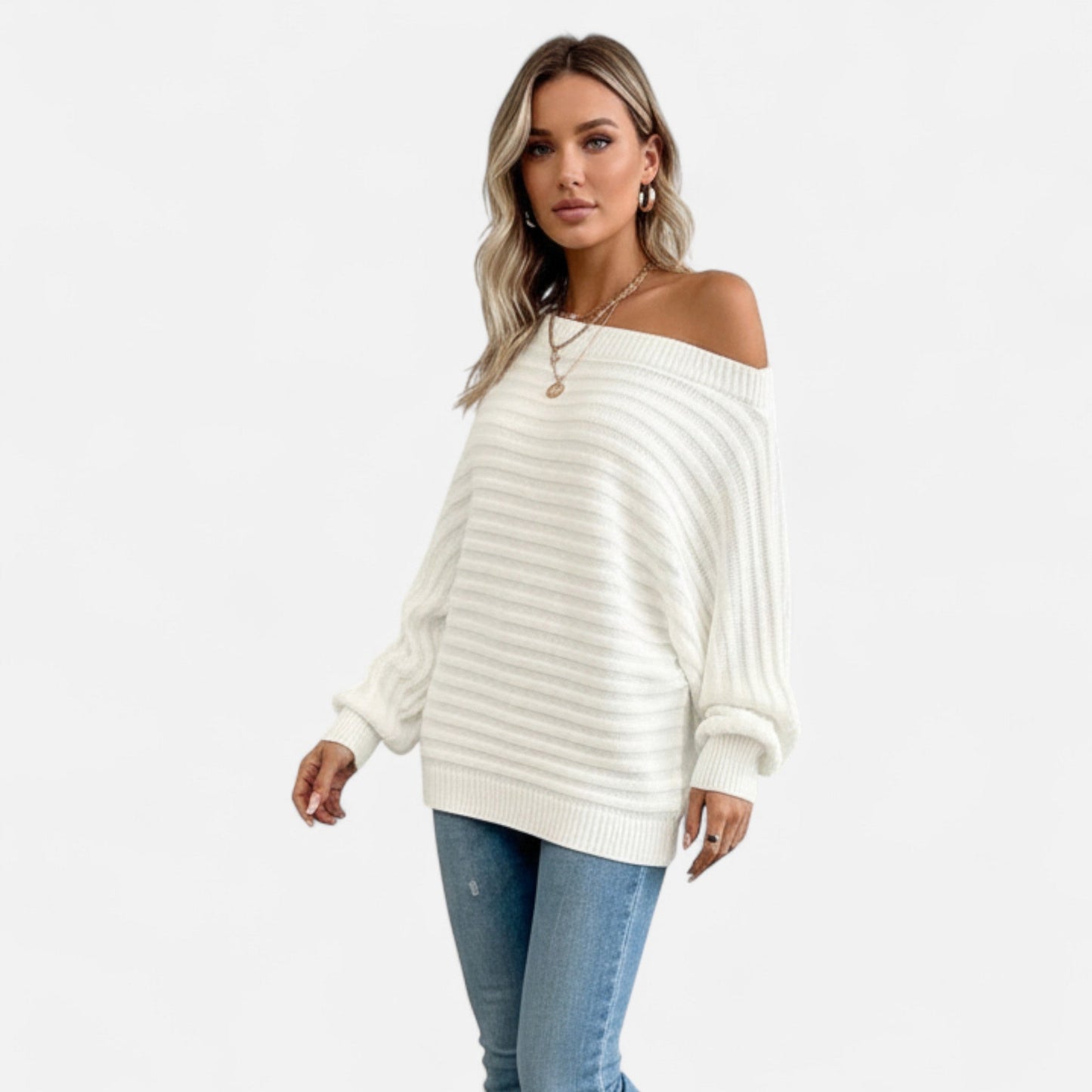 Sweater til Kvinder | Off-Shoulder Design | Strikket Struktur | Elegant Pasform