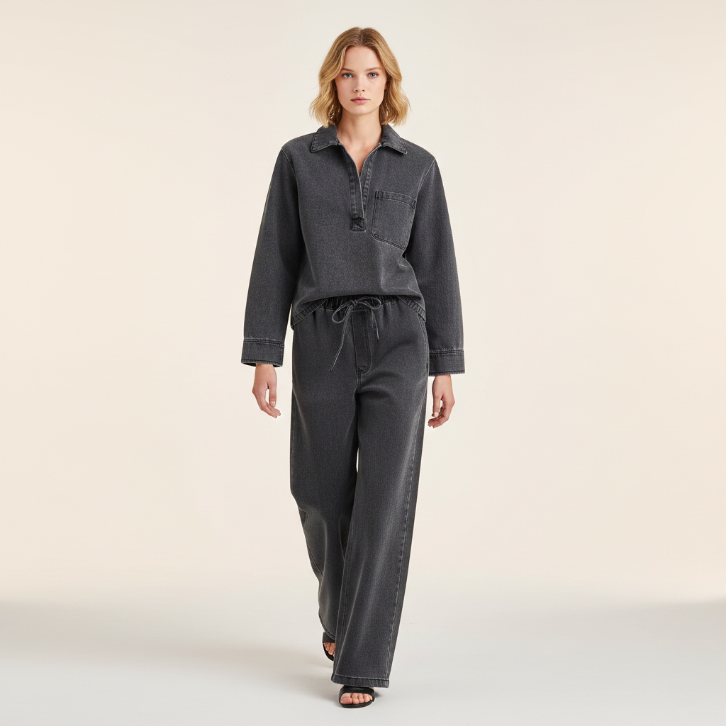 Casual todelt denimlook | Top med krave og højtaljede bukser til kvinder