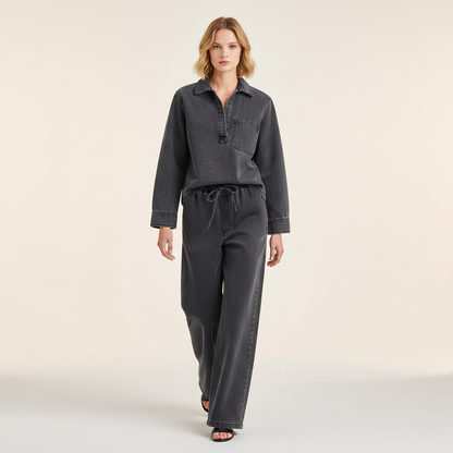 Casual todelt denimlook | Top med krave og højtaljede bukser til kvinder